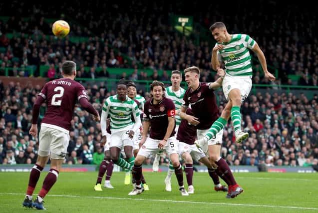 Filip Benkovic scores Celtic's second goal of the game. Picture: PA