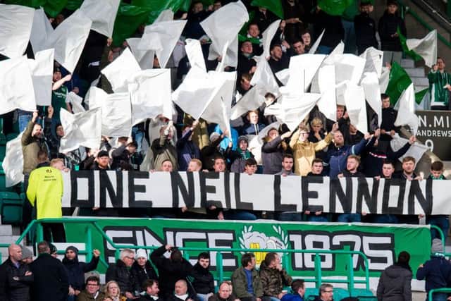 Hibs fans show their support for manager Neil Lennon. Picture: Ross Parker/SNS