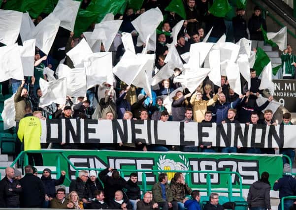 Hibs fans show their support for manager Neil Lennon. Picture: Ross Parker/SNS