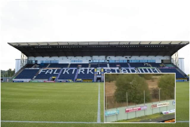 A general view of Falkirk Stadium and, inset, the fan in the tree. Main picture: SNS Group