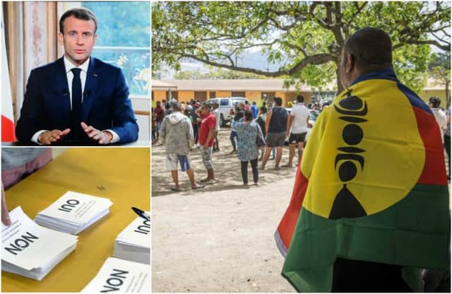Emmanuel Macron, top left, has said New Caledonia looks to have voted to remain part of France. Pictures: AP/Getty Images