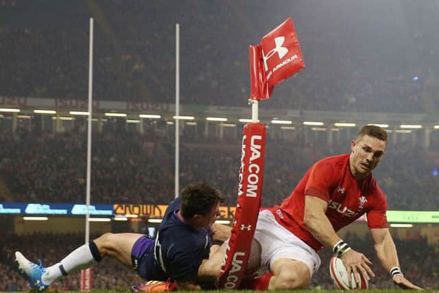 Wales winger George North goes over for a try only to be disallowed for a foot in touch. Picture: David Davies/PA Wire