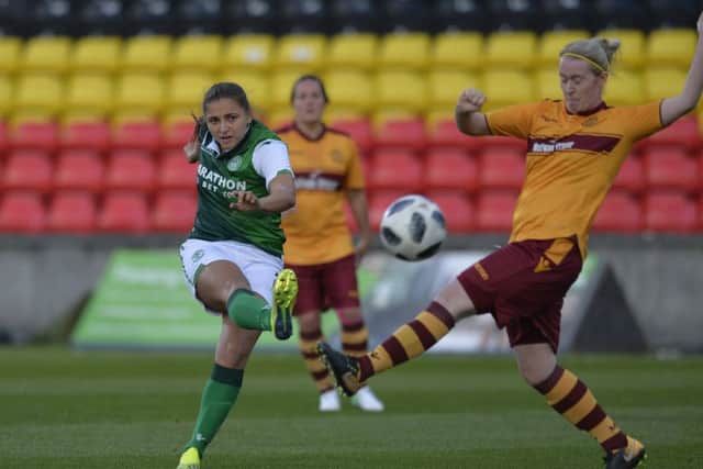 Abi Harrison opens the scoring for Hibs Ladies in their 8-0 thrashing of Motherwell Ladies: Picture: Lorraine Hill
