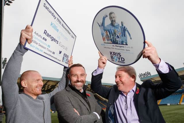 Kris Boyd, centre, with his Kilmarnock team-mate Chris Burke, left, and Ally McCoist at the launch of Boyd's testimonial game between a Kilmarnock Heroes XI and a Rangers Euro XI. McCoist, will manage the Rangers Euro XI. Picture: Steve Welsh