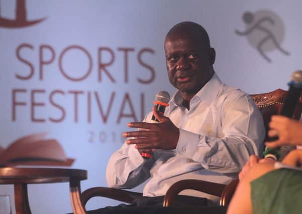 Ben Johnson speaking at the Ekamra Sports Literary Festival in India at the weekend.