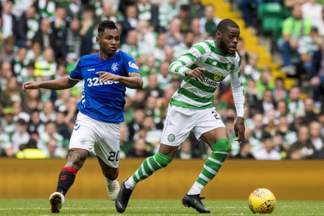 Olivier Ntcham in action for Celtic with Rangers' Alfredo Morelos in pursuit. Picture: SNS/Alan Harvey