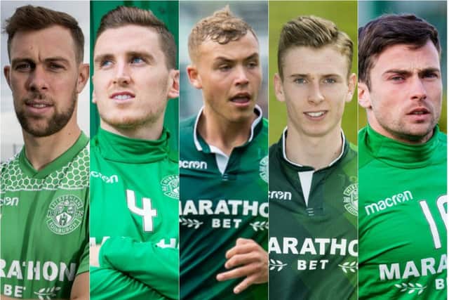 Steven Whittaker, Paul Hanlon, Ryan Porteous, Oli Shaw and Lewis Stevenson have all featured heavily for Hibs this season. Pictures: SNS Group
