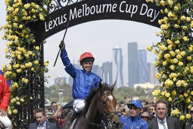 Cross Counter with jockey Kerrin McEvoy on board returns to the mounting yard after winning the Melbourne Cup. Picture: Andy Brownbill/AP