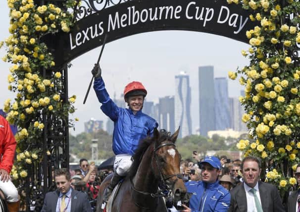 Cross Counter with jockey Kerrin McEvoy on board returns to the mounting yard after winning the Melbourne Cup. Picture: Andy Brownbill/AP
