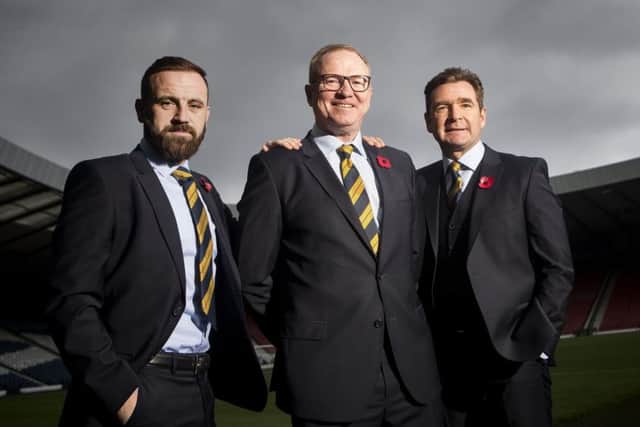 Scotland manager Alex McLeish with assistants James McFadden, left, and Peter Grant, right, at Hampden. Picture: Bruce White/SNS