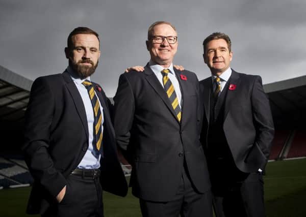 Scotland manager Alex McLeish with assistants James McFadden, left, and Peter Grant, right, at Hampden. Picture: Bruce White/SNS