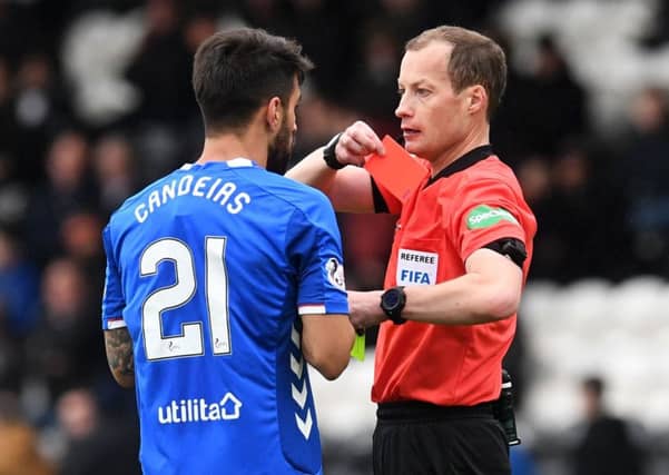 Rangers' Daniel Candeias is shown a red card during his side's 2-0 victory over St Mirren. Picture: SNS