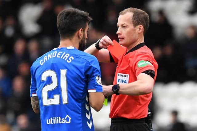 Rangers' Daniel Candeias is shown a red card during his side's 2-0 victory over St Mirren. Picture: SNS