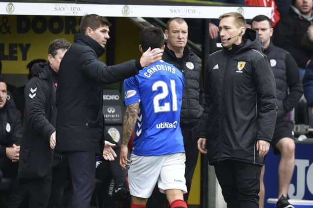 Rangers manager Steven Gerrard with Daniel Candeias after the latter is shown a red card. Picture: SNS