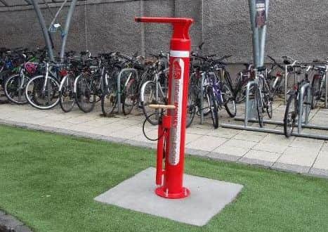 A bicyle repair stand at University of Glasgow - the ones for Bute will be dark grey.
