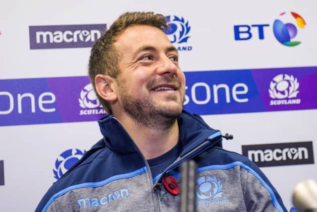 A cheerful Greig Laidlaw meets the media after the captain's run. Picture: Gary Hutchison/SNS/SRU