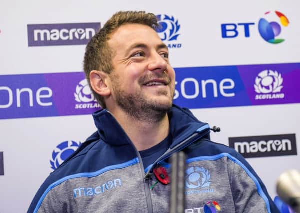 A cheerful Greig Laidlaw meets the media after the captain's run. Picture: Gary Hutchison/SNS/SRU