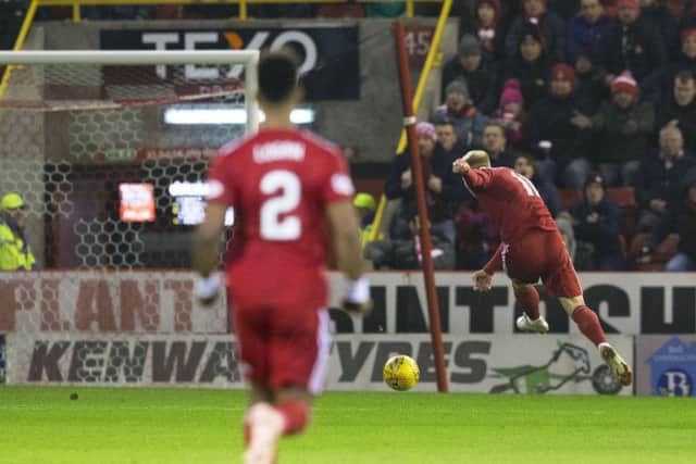 Aberdeen winger Gary Mackay-Steven fires a left-foot shot into the corner of the net for what turned out to be the winner. Picture: SNS
