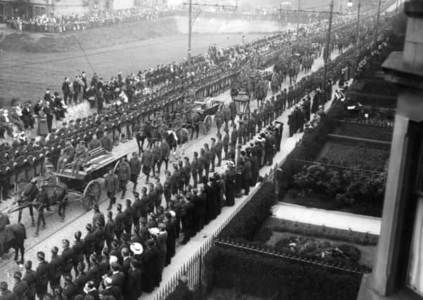 A military funeral procession in May 1915 for the soldiers killed in a railway crash near Gretna. Picture: Topical Press Agency/Getty