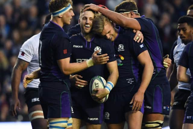 Scotland's Tommy Seymour celebrates his second try. Pic: SNS/SRU/Gary Hutchison