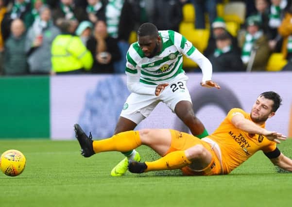 Odsonne Edouard is foiled by Craig Halkett as Livingston and Celtic played out an entertaining goalless draw in West Lothian. Picture: SNS Group