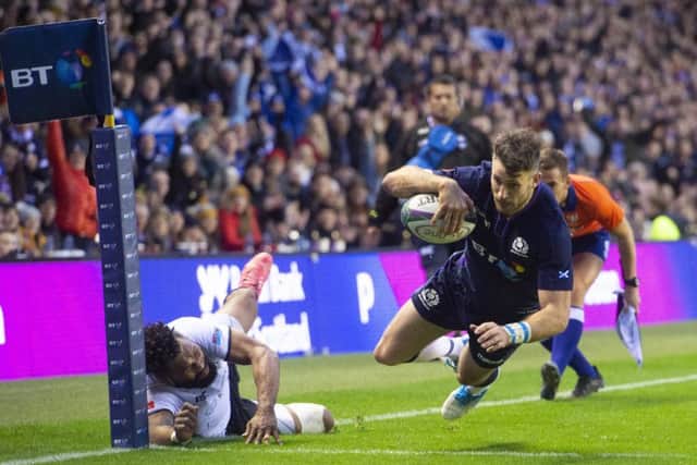 Scotland's Tommy Seymour scores the third try of his hat-trick against Fiji. Picture: