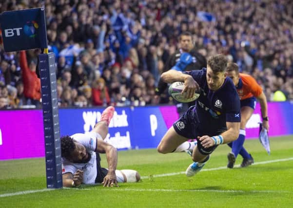 Scotland's Tommy Seymour scores the third try of his hat-trick against Fiji. Picture: