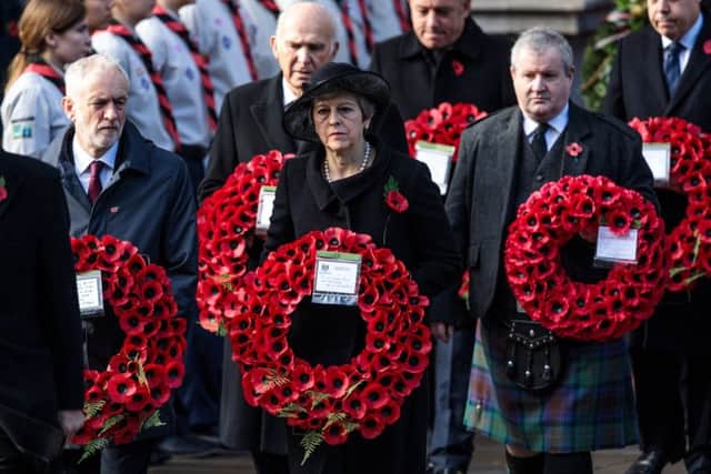 Jeremy Corbyn and Prime Minister Theresa May walk out to The Cenotaph  followed by Leader of the Liberal Democrats Vince Cable and Ian Blackford. Picture: Getty