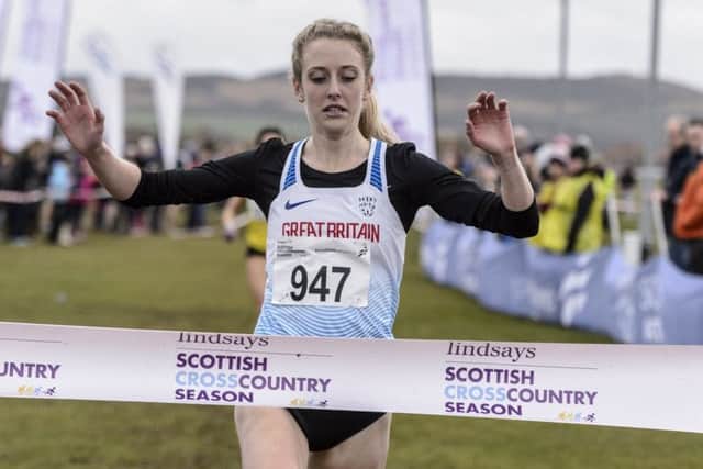 Jemma Reekie crosses the line to win the Scottish Cross Country Championships at Lanark. Picture: Bobby Gavin/scottishathletics