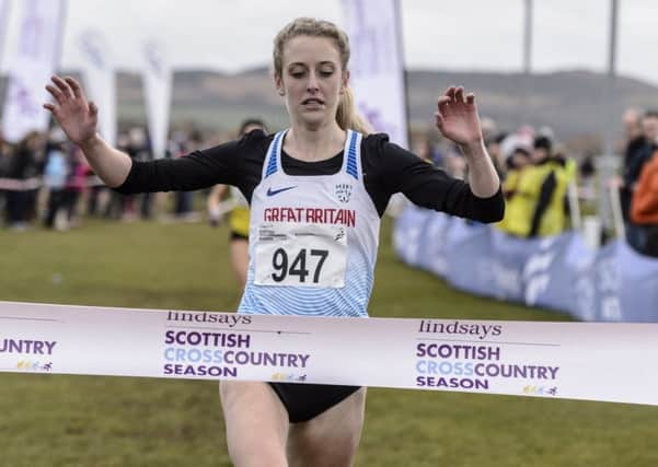 Jemma Reekie crosses the line to win the Scottish Cross Country Championships at Lanark. Picture: Bobby Gavin/scottishathletics