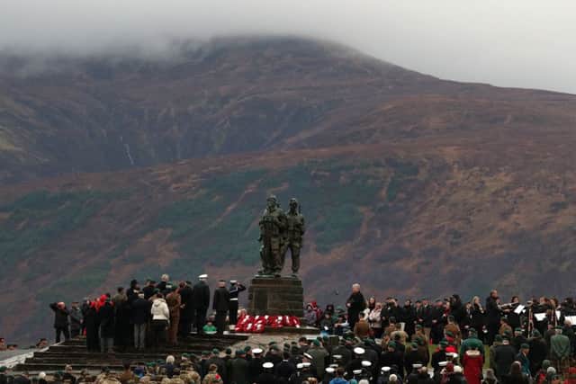 Military personnel and veterans attend a Remembrance Sunday Service at the Commando Memorial at Spean Bridge. Picture: Andrew Milligan/PA Wire