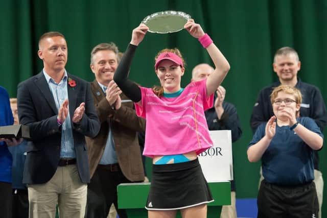 Maia Lumsden with her trophy after winning the ITF tournament in Shrewsbury (pic by Richard Dawson)