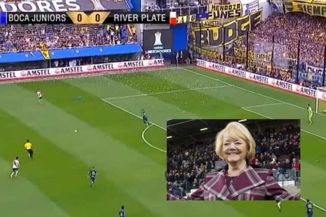 Main picture: The banner displayed at La Bombonera. Inset, the totally unrelated Ann Budge, owner of Hearts