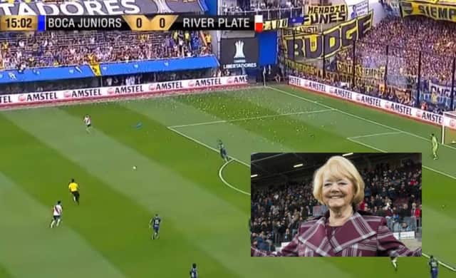 Main picture: The banner displayed at La Bombonera. Inset, the totally unrelated Ann Budge, owner of Hearts