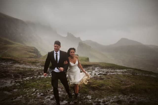 The couple, who have been together for four years, got in touch with Andrew Rae - a Scottish photographer - on Instagram after viewing his incredible gallery of past images.  However, the pair were hit with strong winds and a barrage of mud as they posed for the set. Picture; SWNS