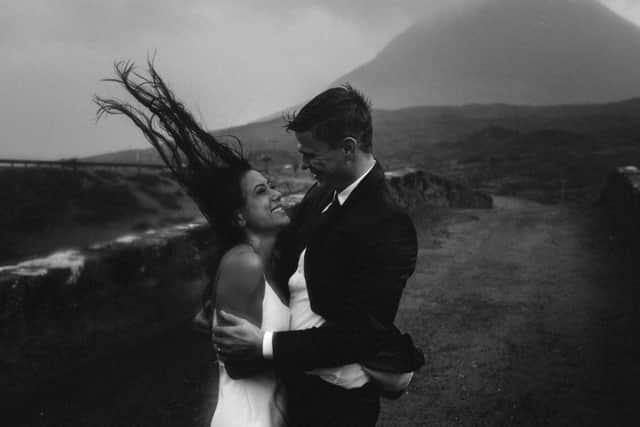 These incredible photographs show a wedding photo shoot with a difference for a muddy and windswept couple - who eloped over 3500 miles from Chicago to the Isle of Skye.  Picture: SWNS