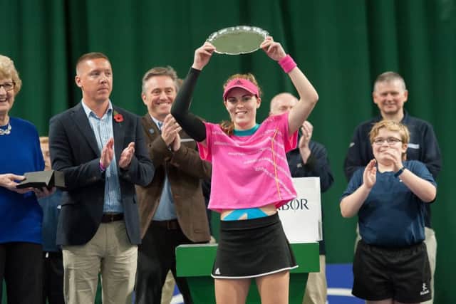 Maia Lumsden with her trophy after winning the ITF tournament in Shrewsbury (pic by Richard Dawson)