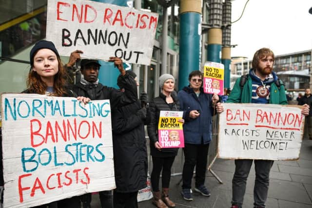 Demonstrators protest outside of the EICC, where former White House strategist Steve Bannon was taking part in the News Xchange 2018 conference. Picture: Getty Images