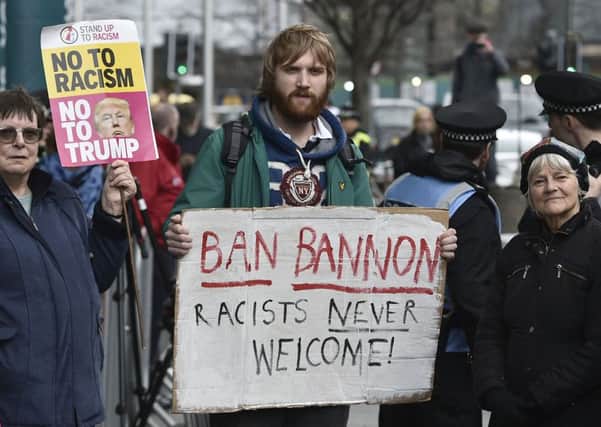 Crowds gathered outside the EICC to protest the arrival of Steve Bannon. Picture: Neil Hanna