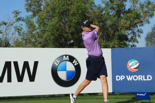 Russell Knox tees off during the DP World Tour Championship ProAm. Picture: Andrew Redington/Getty