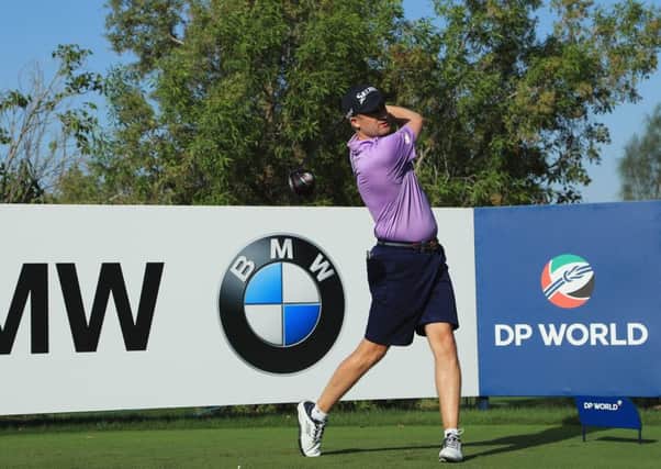 Russell Knox tees off during the DP World Tour Championship ProAm. Picture: Andrew Redington/Getty