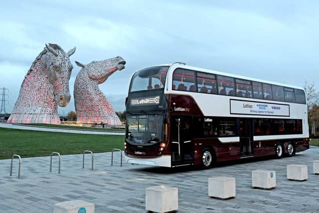 The new Lothian 100-seater at the Kelpies, near the Falkirk factory where they are being built. Picture Michael Gillen