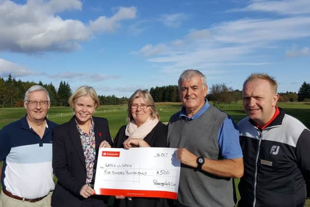 Watch US Grow general manager Ann McCulloch (centre) receiving a cheque flanked by (l-r) Watch US Grow chairman Councillor Tom Fisher, NL Leisure managing director Emma Walker, Palacerigg Gold Club captain Eddie Duffy and GolfNL's partnership and income manager John Kelly