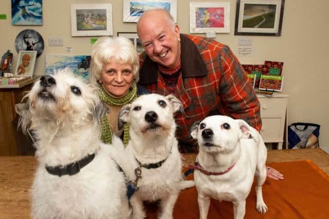Susan Maxwell, organiser of The Loch Lomond Craft Centre, with Iain Scott and dogs Tinker, Taggie and Alba. Picture: Ian Jacobs