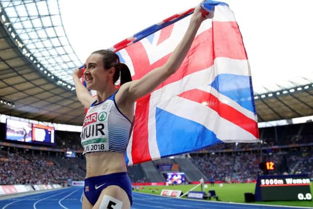Laura Muir celebrates wining gold in the 1,500m at the European Championships in August. Picture: Alexander Hassenstein/Getty Images