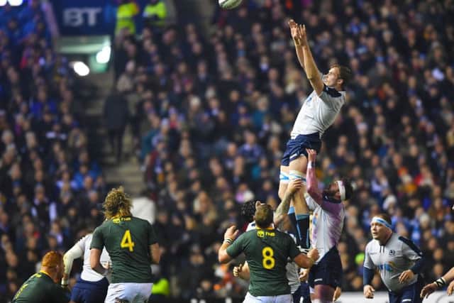 Scotland's Jonny Gray clutches the line-out ball. Pic: SNS/SRU/Gary Hutchison