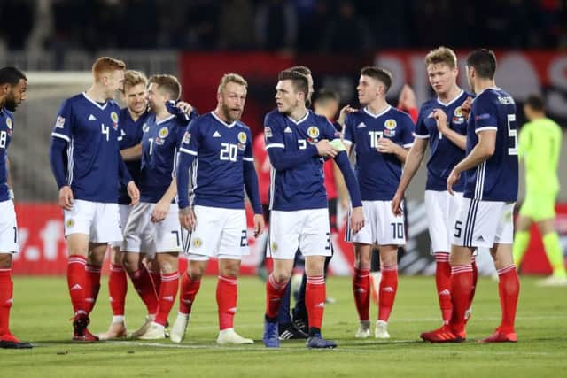 Scotland players celebrate after the final whistle. Pic: Adam Davy/PA Wire.