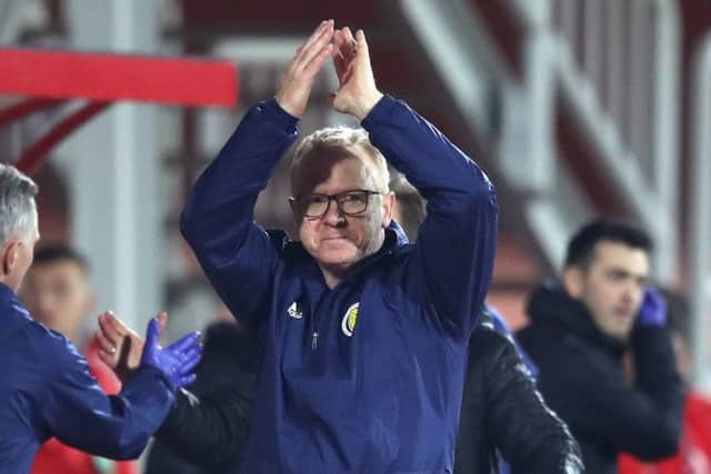 Scotland manager Alex McLeish celebrates after the final whistle in Shkoder. Picture: Adam Davy/PA Wire