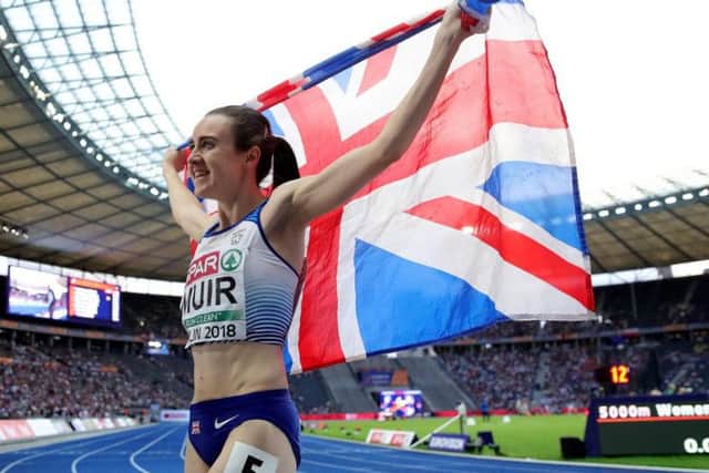 Laura Muir celebrates wining gold in the 1,500m at the European Championships in August. Picture: Alexander Hassenstein/Getty Images
