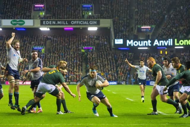 Scotland's Hamish Watson scores against South Africa from a lineout. Picture: Bill Murray/SNS/SRU